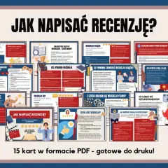Plakat z nagłówkiem "Jak napisać recenzję?" i wieloma mniejszymi kartami z poradami.