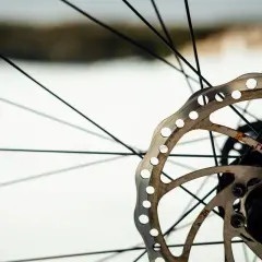 Tarcza hamulcowa roweru z widocznymi szprychami. Zastanawiasz się, czym odtłuścić tarcze hamulcowe w rowerze? Czystość to klucz do skutecznego hamowania.
