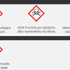 Ikony ostrzegawcze dla metanolu (rakotwórczy, toksyczny, łatwopalny) i etanolu (łatwopalny).