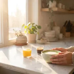 Petit-déjeuner ensoleillé pour savoir comment avoir de l'énergie le matin : jus d'orange, café et bol de matcha fumant.