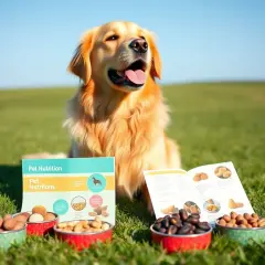 Złoty retriever siedzi na trawie obok misek z orzechami i broszury "Pet Nutrition". Czy pies może jeść orzechy nerkowca? Dowiedz się więcej!