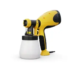 Pistola a spruzzo gialla e nera con serbatoio bianco. La tecnologia HVLP significa alta efficienza, basso volume, per una verniciatura precisa.