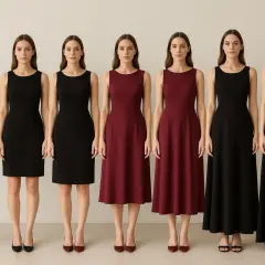 Sześć kobiet prezentuje różne długości sukienek: mini, klasyczna, sukienka midi, długa i maxi.