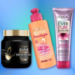 Tres productos L'Oréal para un tratamiento hidratación pelo: mascarilla Elvive Power Restore, crema sin aclarado Dream Lengths y champú Ever Pure Moisture.