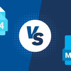H.264 vs. MPEG4: A visual comparison of video compression formats, with icons representing each and a "VS" in the center.