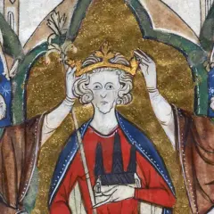 Coronación de Enrique III de Castilla. Dos obispos le colocan la corona. El rey sostiene un cetro y un castillo.