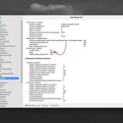 Jak sprawdzić kondycję baterii w MacBook Air: w sekcji "Zasilanie" widzimy stan naładowania 91% i 94 cykle.