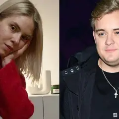 Kobieta w czerwonym swetrze i mężczyzna w czarnej kurtce, przypominający Kevina Mgleja jako dziecko.