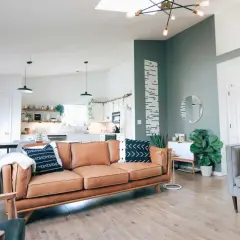 Jasnoszara ściana w salonie z brązową kanapą i roślinami. Inspiracja na to, na jaki kolor pomalować salon.