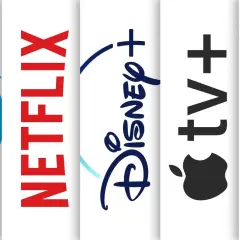 Loga serwisów streamingowych: Prime Video, Netflix, Disney+, Apple TV+ i HBO Max.