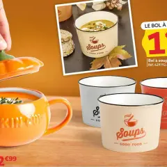 Bol orange citrouille avec couvercle, bol à soupe blanc, beige et orange.
