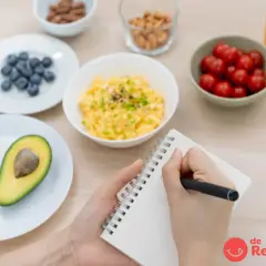 Manos escribiendo en un cuaderno, rodeadas de ingredientes para crear ejemplos de menú: aguacate, arándanos, huevos revueltos, tomates cherry, frutos secos y jugo.