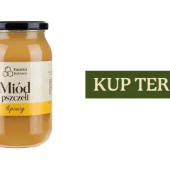 Słoik miodu lipowego z etykietą "Miód pszczeli lipowy" i napisem "KUP TERAZ". To najlepszy miód na przeziębienie.