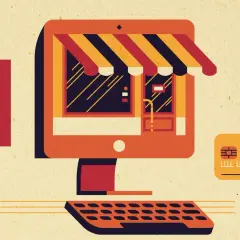Zakupy online to wygoda i oszczędność czasu. Komputer z witryną sklepową, torba na zakupy i karta płatnicza symbolizują zalety zakupów online.