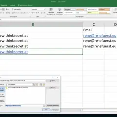 Foglio Excel con collegamenti ipertestuali a siti web. La cella B5 mostra un URL attivo, con la finestra di dialogo "Hyperlink bearbeiten" aperta.