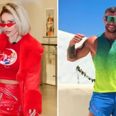 Doda w czerwieni i Dariusz Pachut w sportowym stroju, uśmiechnięty na tle słońca.