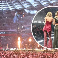 Koncert PGE Narodowy w deszczu konfetti. Dwie artystki w błyszczących strojach na scenie, tłum fanów w ekstazie.