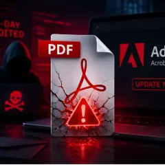Haker w kapturze z czaszką na laptopie. Na pierwszym planie pęknięty plik PDF z ostrzeżeniem. Obok laptop z napisem "Adobe Acrobat Reader UPDATE NOW".
