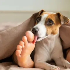 Piesek Jack Russell Terrier liże ludzką stopę pod kołdrą. Może to być oznaka przywiązania lub próba zaspokojenia ciekawości, dlaczego pies liże stopy.