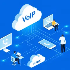 Illustration de la **voip définition** : des personnes communiquent via des appareils connectés au cloud, symbolisant la téléphonie sur IP.