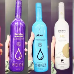 Pięć butelek suplementów diety DuoLife: Collagen, Keratin, Aloes, Day i Night. Wiele pozytywnych duolife opinie o tych produktach.