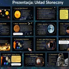 Ilustracja przedstawia układ planet, od Merkurego po Neptuna, z opisami każdej planety i Słońca.
