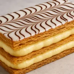Une délicieuse feuille en pâtisserie, empilée avec de la crème pâtissière et décorée de glaçage blanc et chocolat.