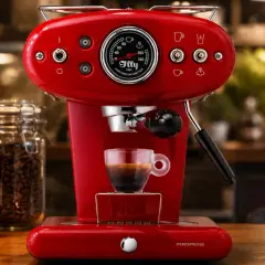 Macchina espresso rossa con tazzina di caffè. Scopri quale caffè usare per macchina espresso per un aroma perfetto.