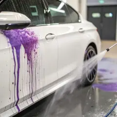 Płukanie białego samochodu po nałożeniu fioletowego preparatu do dekontaminacji. Widać, jak woda spływa po lakierze, usuwając zabrudzenia.