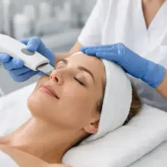 Donna riceve un trattamento di pulizia del viso con ultrasuoni. La pelle appare luminosa e rigenerata.