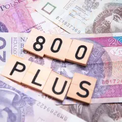 Drewniane klocki z napisami "800 PLUS" na tle polskich banknotów.