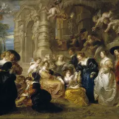 Escena mitológica con cupidos y figuras alegóricas, evocando la opulencia de los pintores de la edad moderna.
