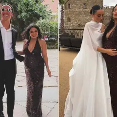 Vanessa Hudgens w błyszczącej sukni i jej partner, a także z inną kobietą w białej sukni.