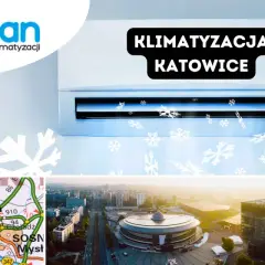 Klimatyzator, mapa Katowic i panorama miasta.
