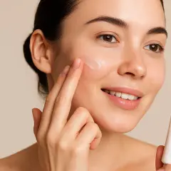 Donna applica un leggero strato di base trucco sul viso, tenendo in mano il tubetto.