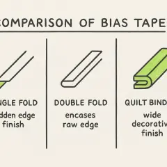 Comparison of bias tape: single fold for hidden edges, double fold for raw edges, and quilt binding for a wide decorative finish.