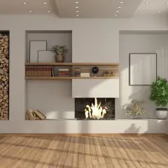 Un moderno camino con libreria in cartongesso, con legna da ardere e decorazioni, crea un angolo accogliente.