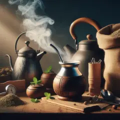 Para yerba mate, idealna temperatura wody to klucz do smaku. Dymiące czajniki i termometr sugerują idealny moment.
