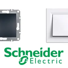 Biały przełącznik góra dół Schneider Electric obok mechanizmu montażowego.