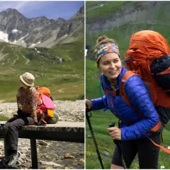 Dwie kobiety z plecakami w górach, przygotowane na przygodę. Jedna siedzi na kładce, druga idzie z kijkami. To może być początek ich tour de Mont Blanc.