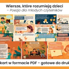 Wiersze, które rozumieją dzieci – poezja dla młodych czytelników. Ilustracje przedstawiają dzieci, zwierzęta i postacie z literatury, zachęcając do odkrywania świata **lyric**.