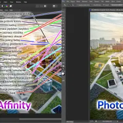 Porównanie narzędzi w Affinity i Photoshop. Widok interfejsu z zaznaczonymi opcjami, w tym kolor selektywny photoshop.