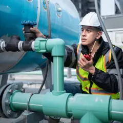 Ingeniero con casco y chaleco revisa tuberías, comunicándose por radio. Podría estar monitoreando la presión del amoniaco gaseoso en la planta.