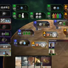 Brettspiel-Aufbau für Dune: Imperium Solo. Spielerfiguren, Ressourcen und Aktionsfelder sind auf dem Spielbrett verteilt.