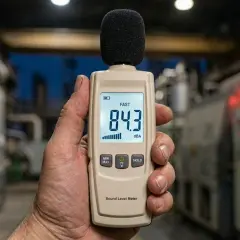 Medidor de sonido muestra 84.3 dBA, ilustrando la diferencia entre dB y dBA en la medición del ruido industrial.