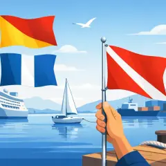 Un porto con un'esposizione di bandiere estere: una bandiera rossa e gialla, una bandiera francese e una bandiera da sub rossa con una striscia bianca.