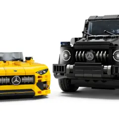 Zwei LEGO Mercedes-Benz Modelle: ein gelber Sportwagen und ein schwarzer Geländewagen, Teil des Sets lego 76924.