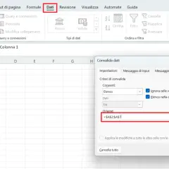 Finestra "Convalida dati" in Excel, con il menu a tendina "Dati" selezionato. L'origine dell'elenco è impostata su =$A$2:$A$7.
