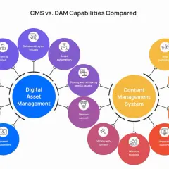 Diagram comparing Digital Asset Management (DAM) and Content Management System (CMS) capabilities. DAM focuses on asset storage, rights, and collaboration. CMS handles web publishing, e-commerce, and website building. Do I need a video CMS? This chart ...