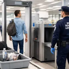 Kontrola bezpieczeństwa na lotnisku: mężczyzna z plecakiem przechodzi przez bramkę, a funkcjonariusz straży ochrony lotniska nadzoruje proces.